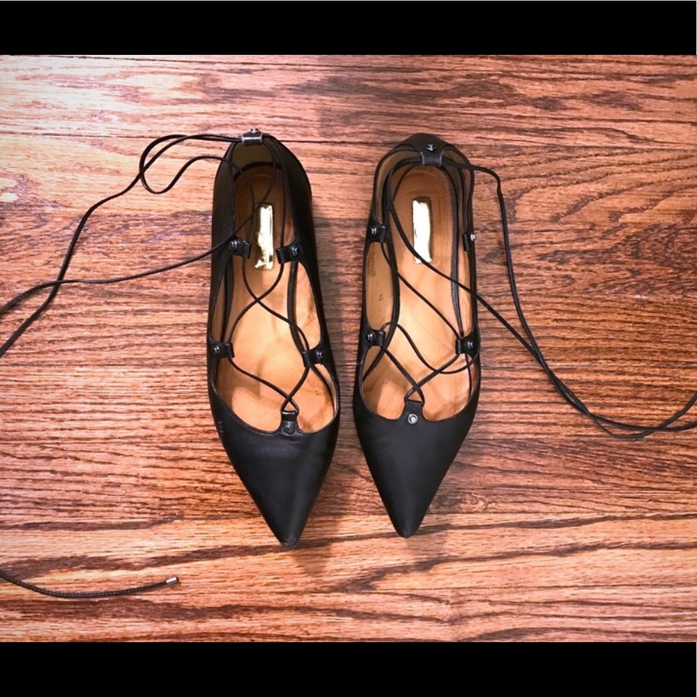 Halogen Real Leather Lace-up Pointed Black Flats